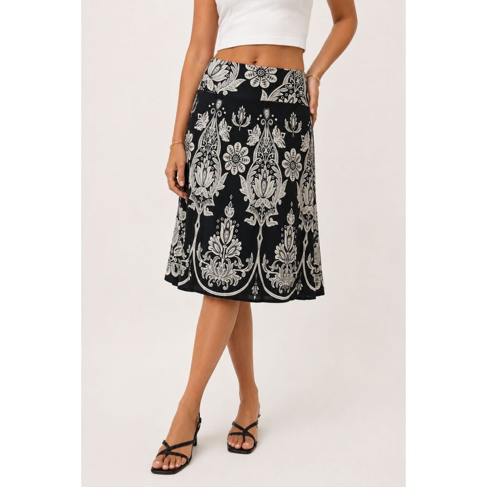 Bandolino Linen Blend Midi Skirt 16 Black White Floral Paisley Boho Y2K A Line